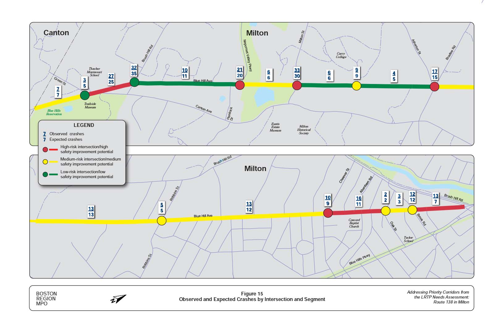 Figure 15 is a map of the study area showing observed and expected crashes by intersection and segment on Route 138 in Milton.